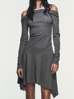 Zara Off-Shoulder Heather Gray Asymmetric Hem Dress